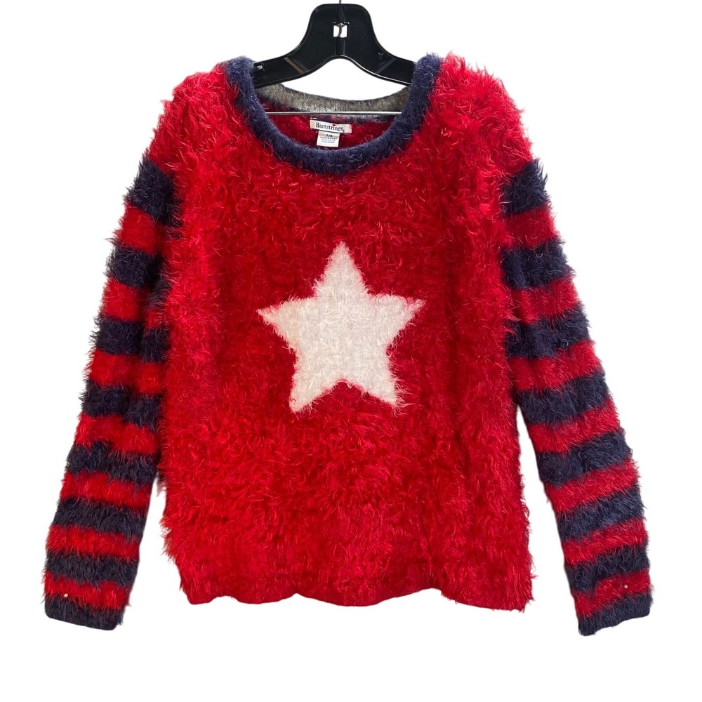 Hartstrings Sweater Girls 7/8 Striped Star Eyelash Knit Fuzzy Preppy Nautical